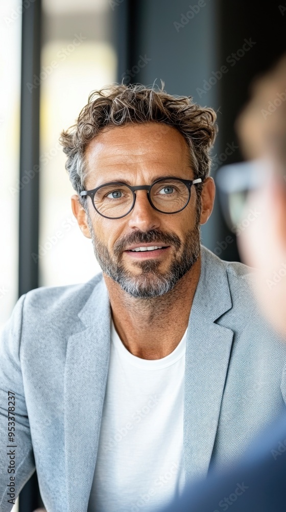A confident man with glasses, dressed in a casual blazer, engaged in conversation at a modern workspace. A confident man with glasses, dressed in a casual blazer, engaged in conversation at a modern workspace.