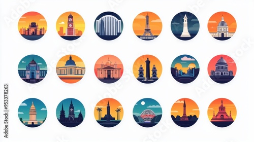 Flat Vector Landmark Icon Set for Navigation App - Museums, Parks, Monuments | Modern Navigation Symbol Collection