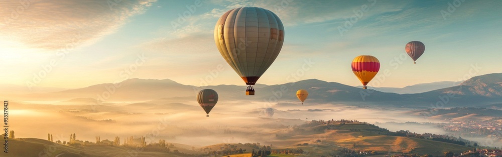 Naklejka premium Colorful hot air balloons soaring gracefully above a picturesque valley, vibrant landscapes below, a serene sky enhancing the adventure of flight and exploration.