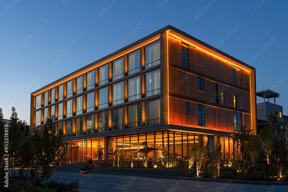 Obraz premium Hotel exterior at night illuminated by LED lights highlighting steel structures and windows