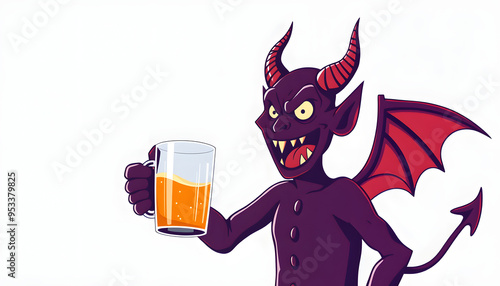 Halloween devil happy shout with glass mug isolated with white highlights, png photo