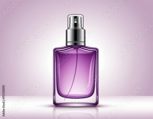 realistic purple perfume bottle with spray on white background.