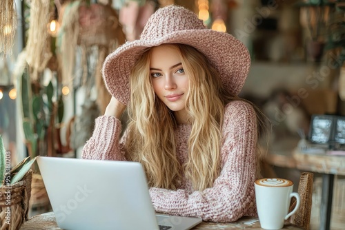 A fashionable blogger working on her laptop in a trendy caf with a latte nearby photo