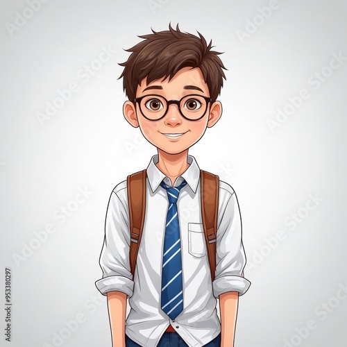 cartoon boy with glasses and a tie standing in front of a white background.