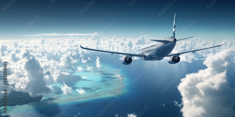 Naklejka premium Airplane flying over clouds and turquoise water.