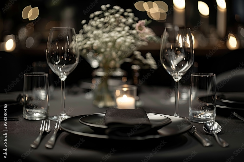 Elegant black table setting for romantic dinner date in restaurant Elegant black table setting for romantic dinner date in restaurant