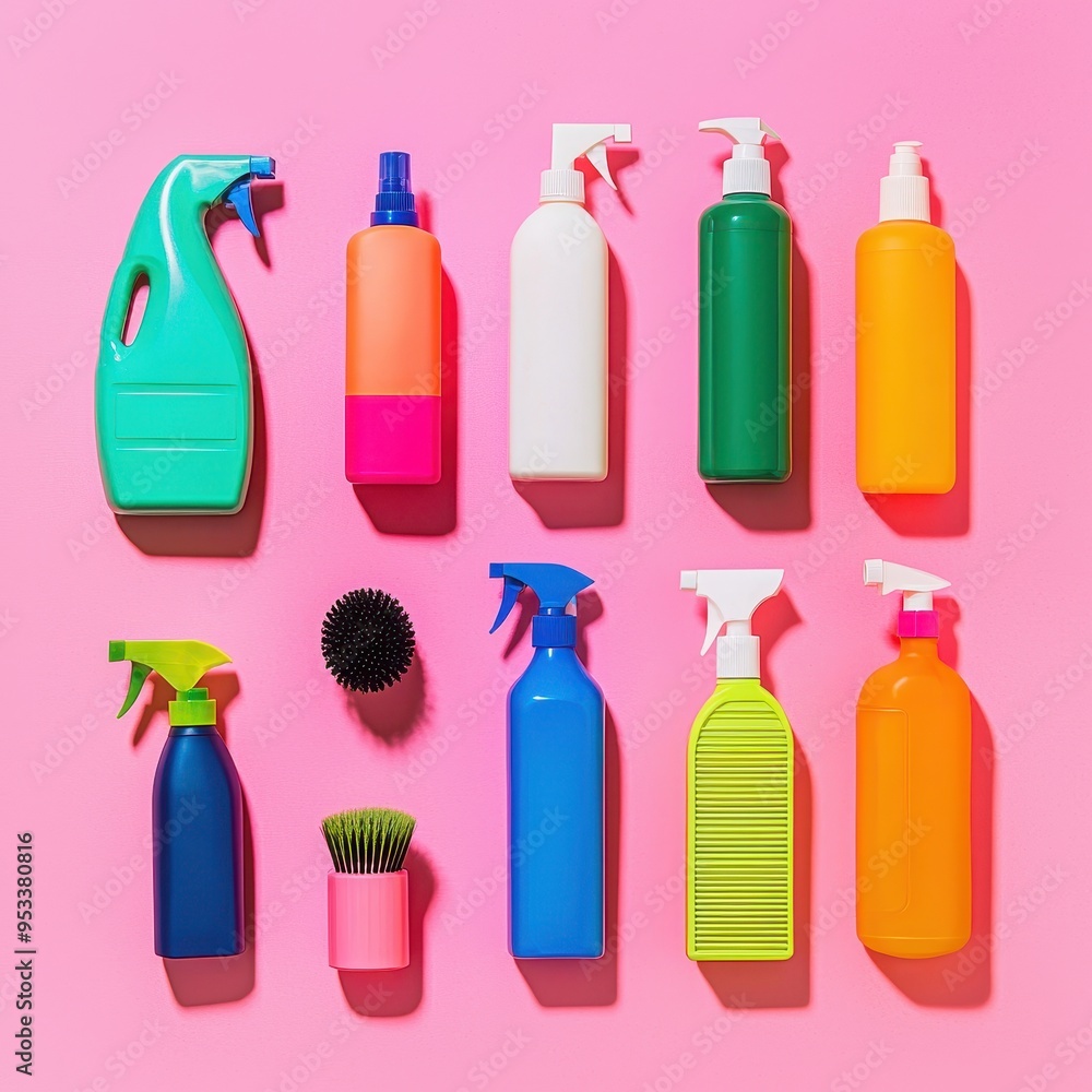 Colorful Cleaning Supplies on Pink Background Colorful Cleaning Supplies on Pink Background