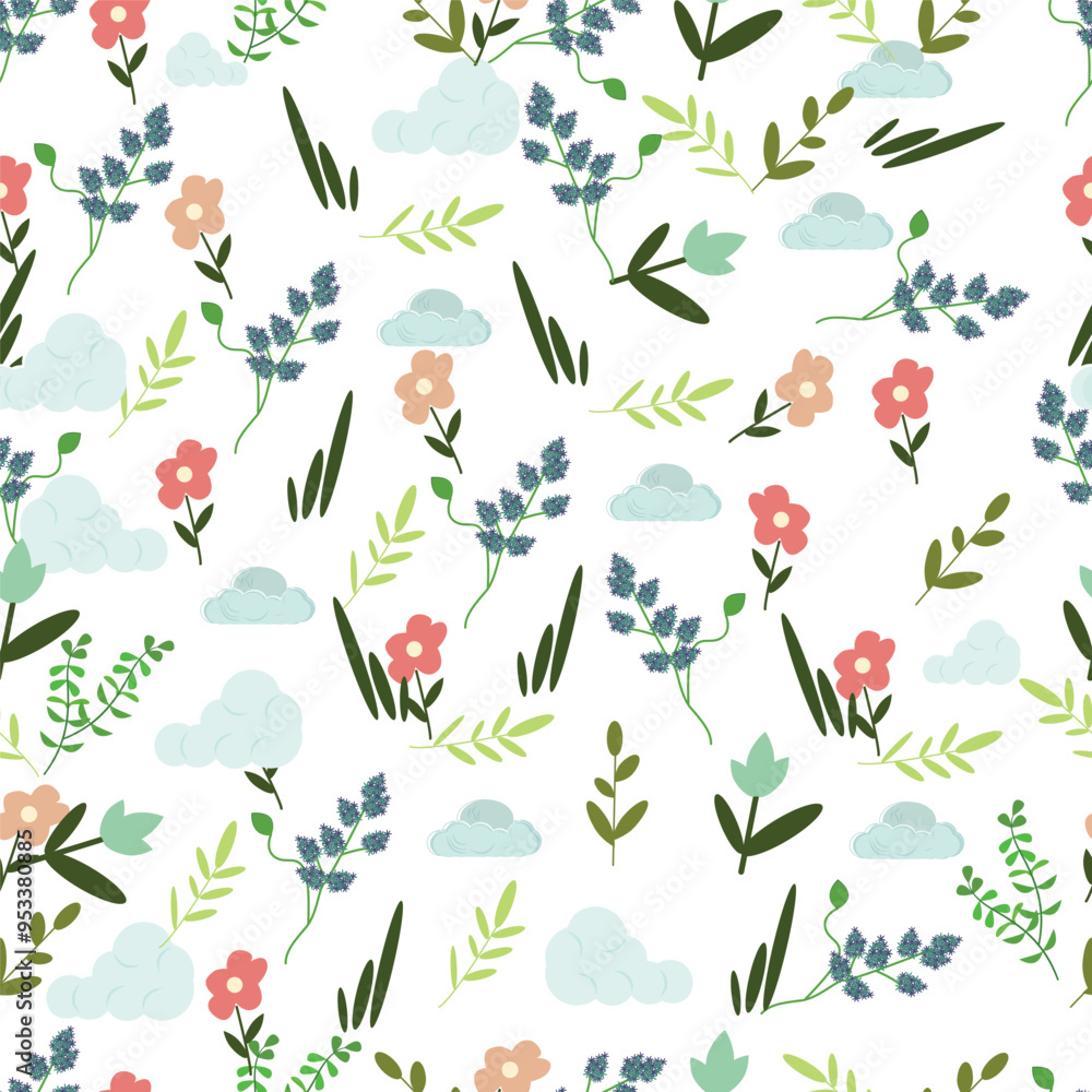 The seamless pattern features an elegant arrangement of flowers in a continuous, repeating design. Delicate blossoms of various sizes and shapes are intricately intertwined with slender, flowing vines The seamless pattern features an elegant arrangement of flowers in a continuous, repeating design. Delicate blossoms of various sizes and shapes are intricately intertwined with slender, flowing vines