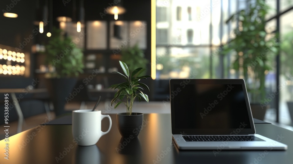 Fototapeta premium Contemporary office environment, sleek desks arranged with laptops, vibrant coffee mugs, minimalistic decor, fostering productivity and collaboration among professionals