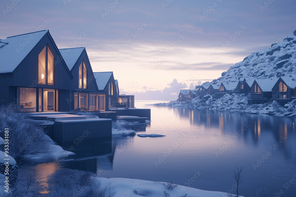 Fototapeta premium A cozy suburban Scandinavian village on a plateau at dusk in winter, with wooden homes partially buried in snow and A bright Scandinavian village in a meadow during midday in spring, Scandinavian town