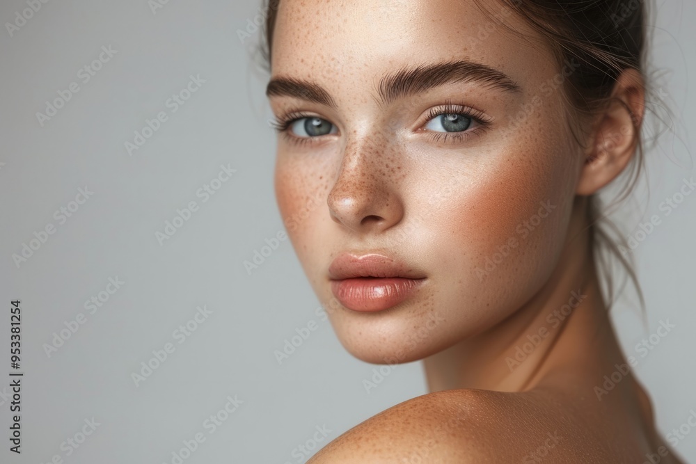 Young woman showing her freckles and glowing skin Young woman showing her freckles and glowing skin