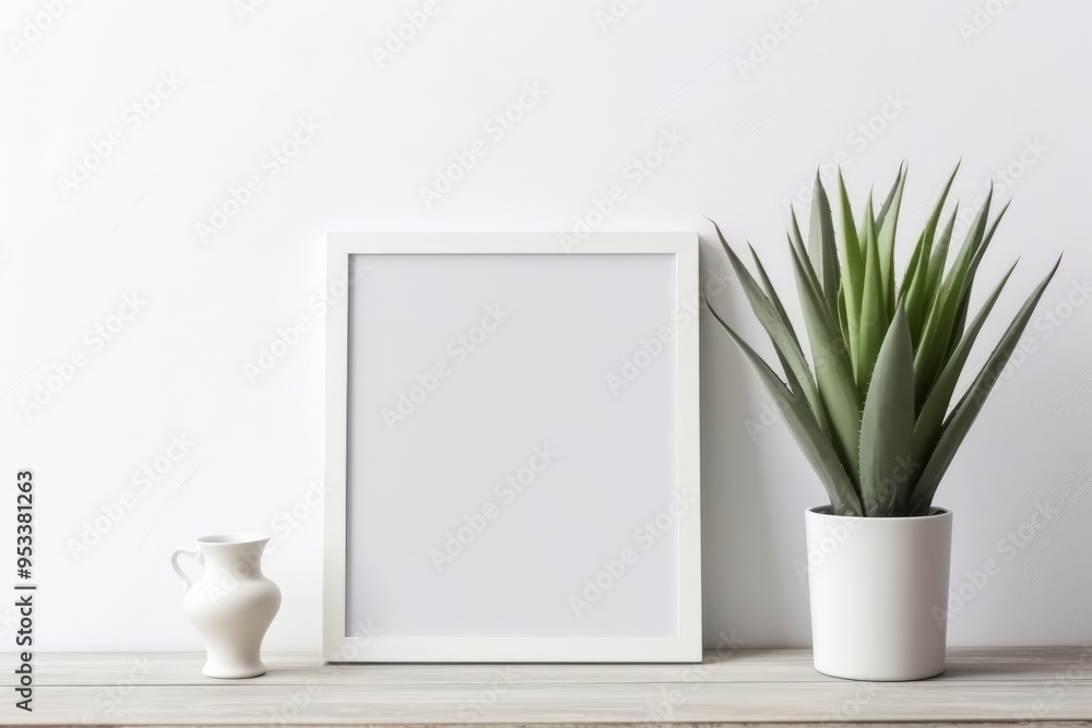 White frame mockup with green plant in a pot on a floor. Frame with copy space. Minimalistic interior design with empty frame White frame mockup with green plant in a pot on a floor. Frame with copy space. Minimalistic interior design with empty frame