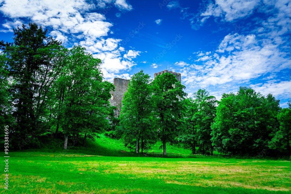  old medieval castle ruins and natural stone walls in the Bavarian Forest Germany