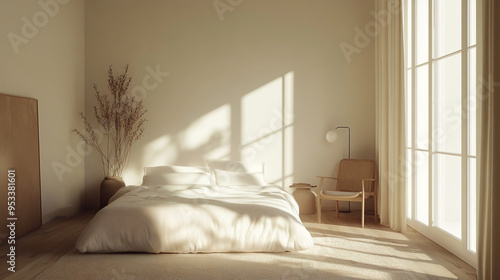 A bedroom with a minimalist interior with a white interior and a cozy-looking bed and chair. Generative AI