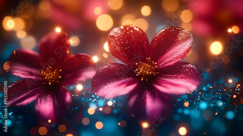 Two pink flowers with dew drops on petals, illuminated by soft, warm light, against a blurred blue and gold background.