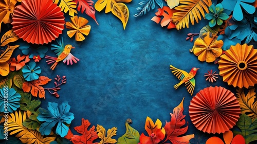 Vibrant and colorful background for a Mexican-themed party, showcasing an array of brightly colored paper fans arranged in the shapes of birds and flowers on a blue textured backdrop. The scene is dec
