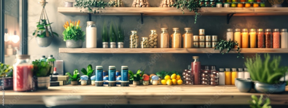 Modern kitchen with organic products on wooden shelves Modern kitchen with organic products on wooden shelves