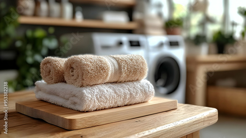 Two rolled towels on a wood...
