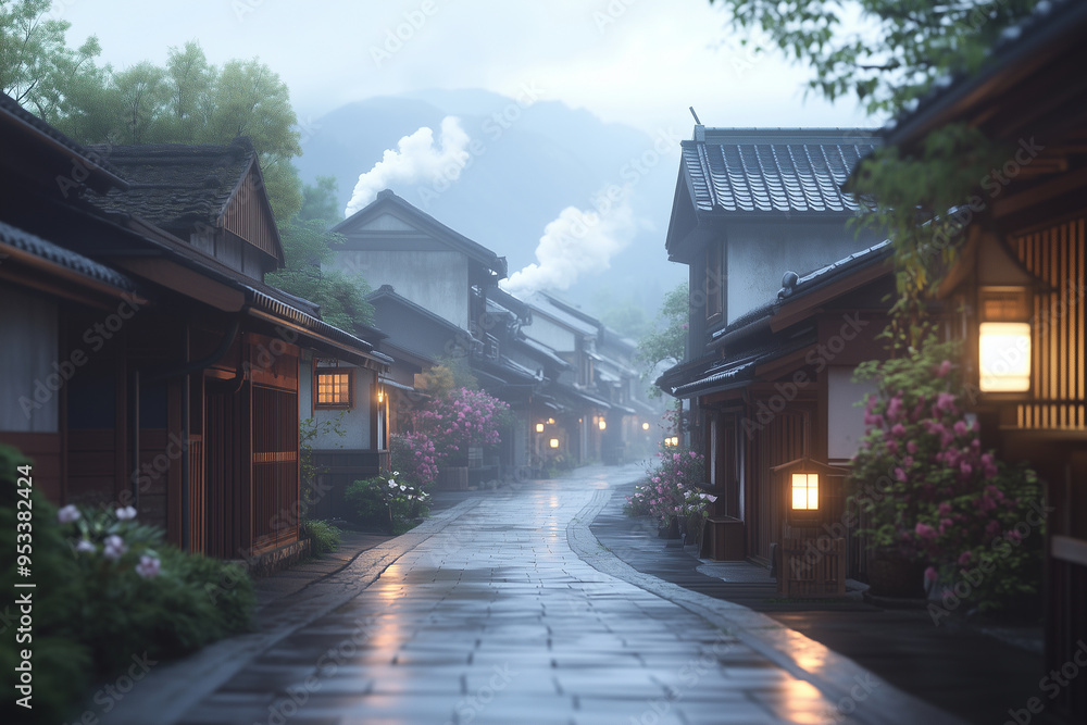 A cozy suburban Japanese townscape in various seasons, with traditional Wabi-sabi homes featuring small, beautifully simple gardens with snow and Sakura blossom A cozy suburban Japanese townscape in various seasons, with traditional Wabi-sabi homes featuring small, beautifully simple gardens with snow and Sakura blossom