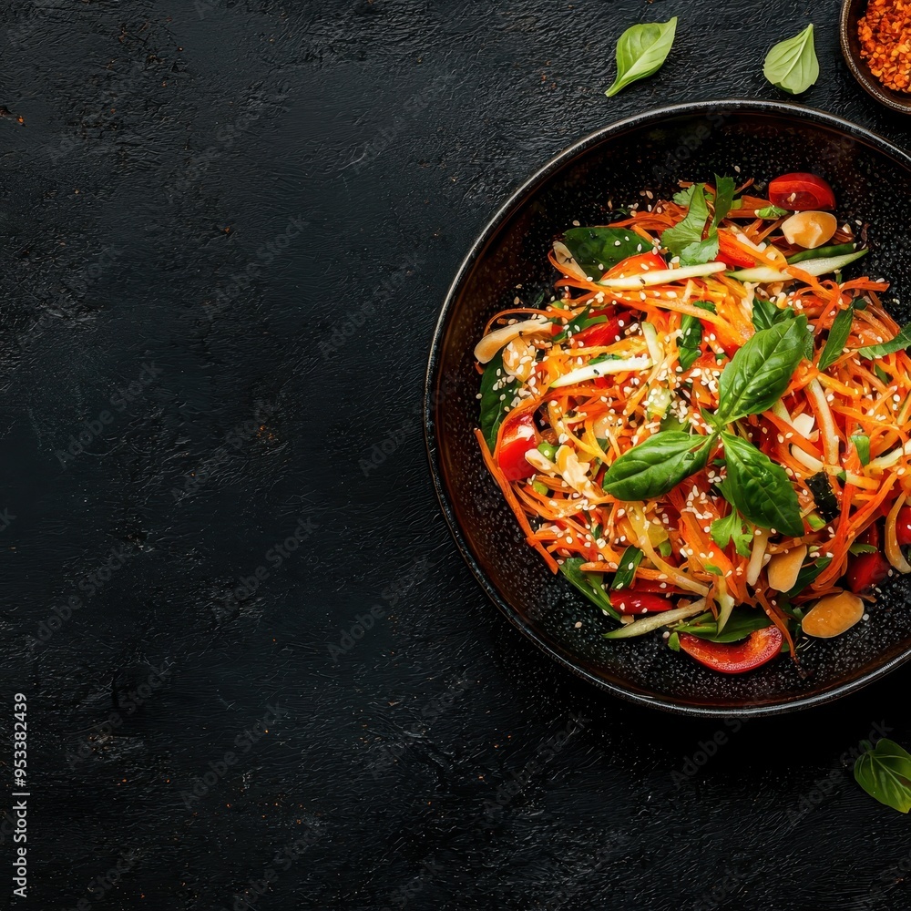 Delicious Asian Salad with Carrots Tomatoes and Sesame Seeds in Black Bowl Delicious Asian Salad with Carrots Tomatoes and Sesame Seeds in Black Bowl