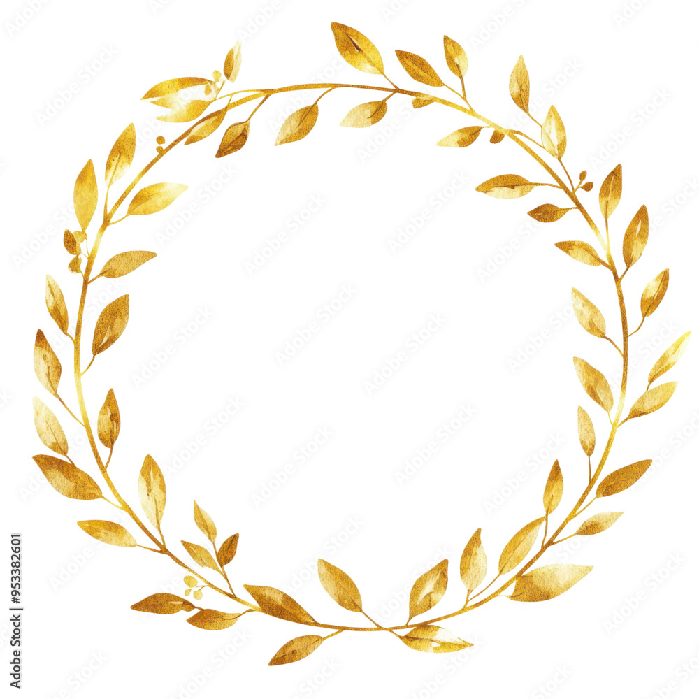 A gold leaf wreath with a white background. The wreath is made of gold leaves and has a circular shape A gold leaf wreath with a white background. The wreath is made of gold leaves and has a circular shape