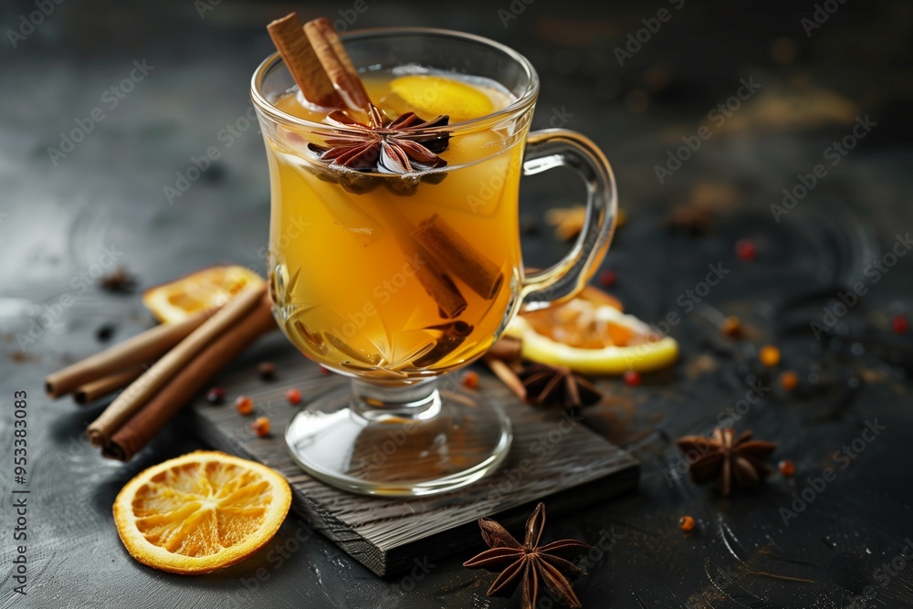 White mulled wine with spices on dark background. White mulled wine with spices on dark background.