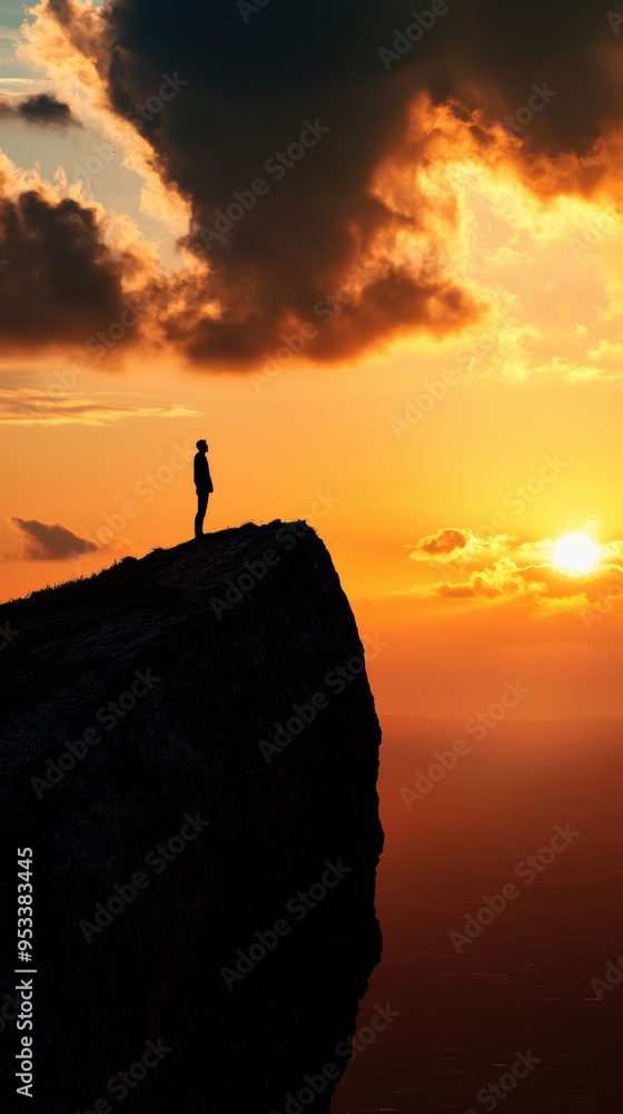 Solitary figure standing on a mountain peak at sunset, silhouetted against a dramatic sky, embracing the beauty of nature and solitude. Solitary figure standing on a mountain peak at sunset, silhouetted against a dramatic sky, embracing the beauty of nature and solitude.
