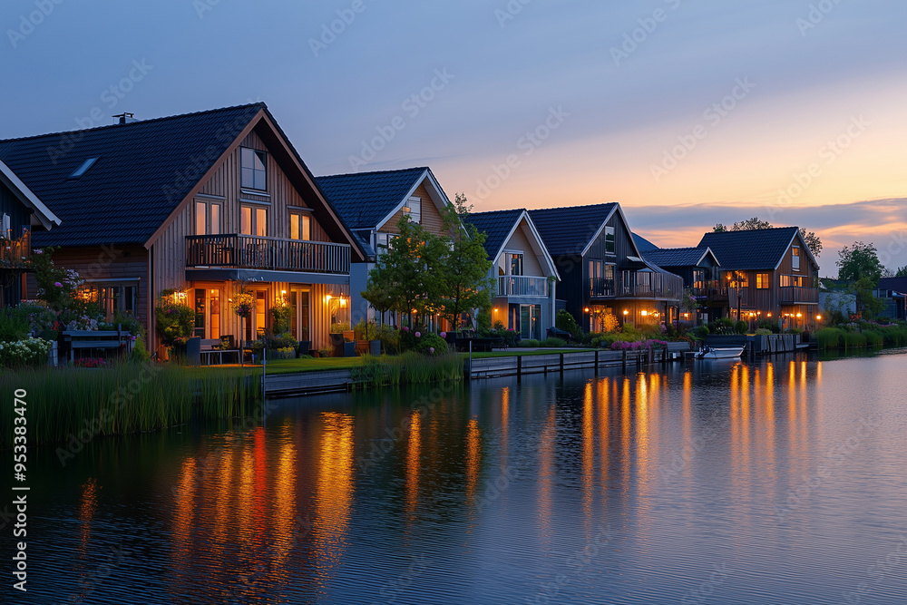 A cozy suburban Scandinavian village on a plateau at dusk in winter, with wooden homes partially buried in snow and A bright Scandinavian village in a meadow during midday in spring, Scandinavian town A cozy suburban Scandinavian village on a plateau at dusk in winter, with wooden homes partially buried in snow and A bright Scandinavian village in a meadow during midday in spring, Scandinavian town