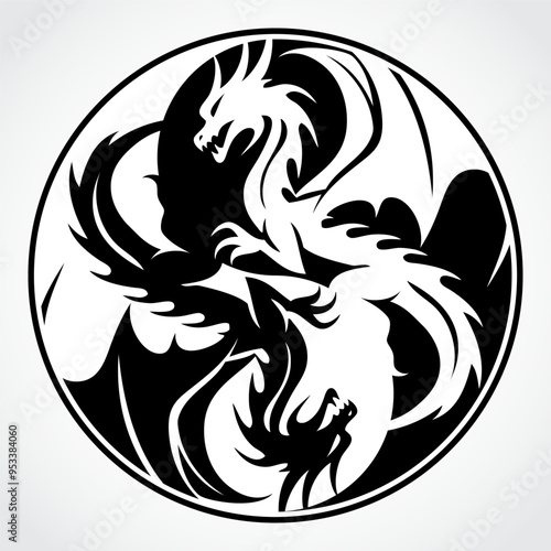 black white dragon circle yin yang symbol