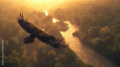 3D rendering of an eagle flying over a river, aerial view, sunrise, beautiful landscape, highly detailed, sharp focus, high resolution, Sony A7S III, golden hour lighting, sun rays, cinematic, photore photo