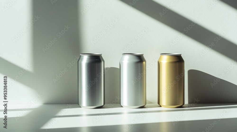 Three aluminum cans, silver, white and gold, on a white surface with shadow. Three aluminum cans, silver, white and gold, on a white surface with shadow.