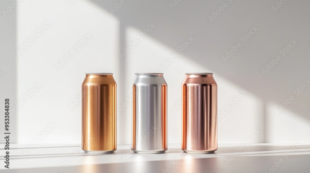 Three metallic aluminum cans in gold, silver and copper on a white table. Three metallic aluminum cans in gold, silver and copper on a white table.