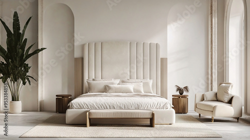 This is a modern interior. It is finished with white walls and has a white bed and pillows for comfortable rest. This is a photo of a bedroom with minimalist interior design. Generative AI
