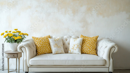  A close-up photo of the minimalist interior of a modern living room with a white sofa and a comfy looking living room sofa with yellow and white cushions. Generative AI