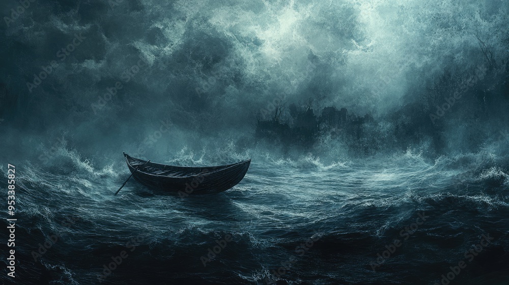 Obraz premium painting texture, boat, strong violent waves, small boat with paddle, spirituality, night, dark environment
