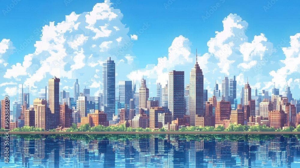 Retro 8-bit City Skyline with Pixelated Skyscrapers for Copy Space Retro 8-bit City Skyline with Pixelated Skyscrapers for Copy Space