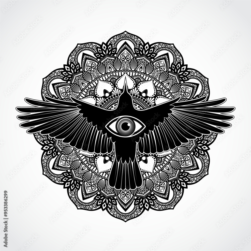 Fototapeta premium crow on ornamental mandala with eye symbol
