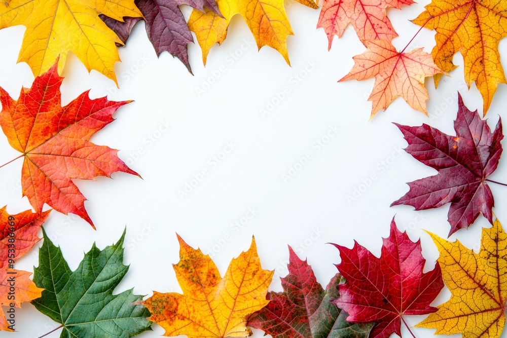 Fototapeta premium Autumn Maple Leaves Flat Lay White Background created with Generative AI