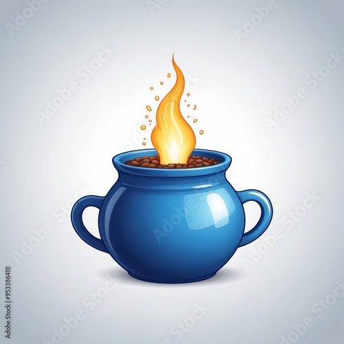  blue pot with a burning flame inside of it.