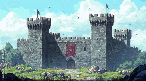 Retro 8-Bit Pixelated Medieval Fortress with Copy Space in Empty Sky for Design Concepts