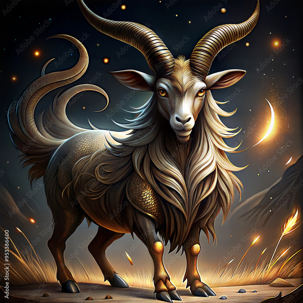 custom made wallpaper toronto digitalzodiac sign capricorn, majestic golden goat with impressive horns, confident stance, cosmic background