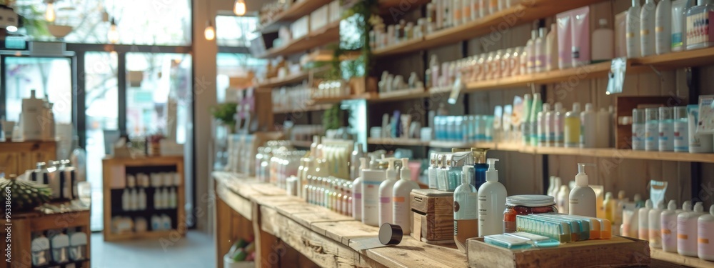 Fototapeta premium Natural beauty products on display in a well-lit modern store