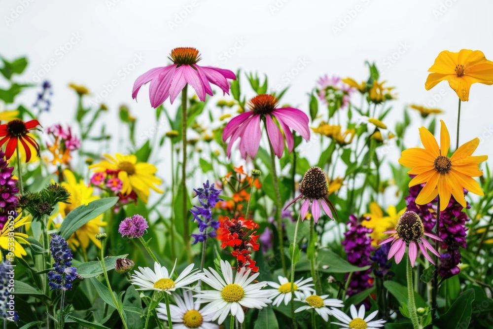 A vibrant field of flowers against a white sky A vibrant field of flowers against a white sky