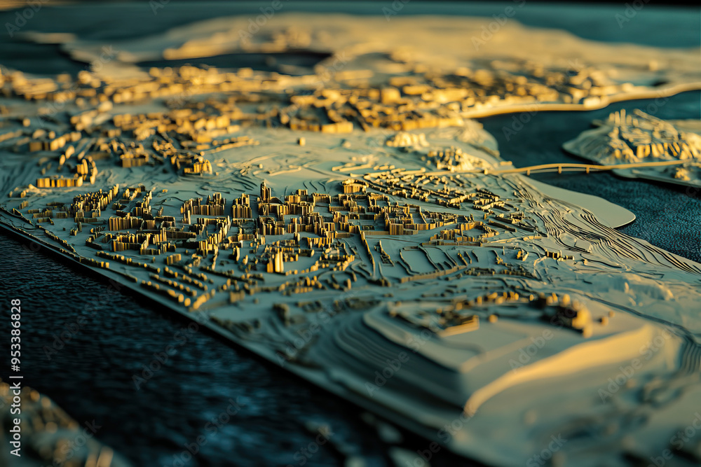 Naklejka premium Technical aerial visual, 3D LiDAR GIS aerial map satellite scan model isolated, showing Al Ain, UAE. Elevation, topography, render