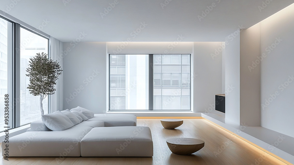 Fototapeta premium Living room and sofa in modern, clean and beautiful minimalist interior, Generative AI