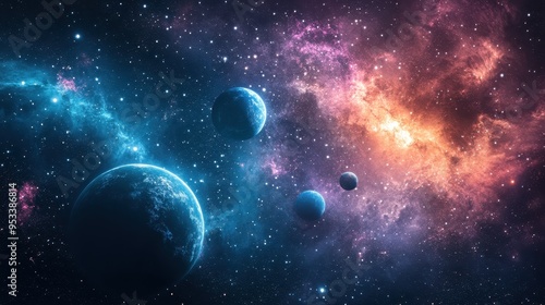 Futuristic Pixelated Outer Space Background with Planets and Copy Space for Text