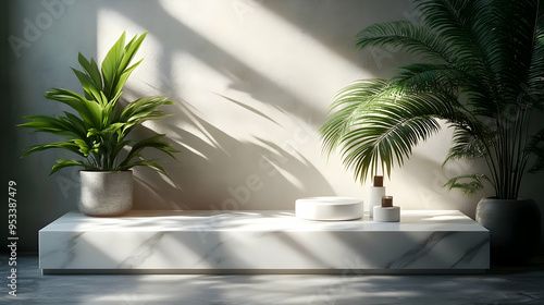 White Marble Platform with Plants and Sunlight.