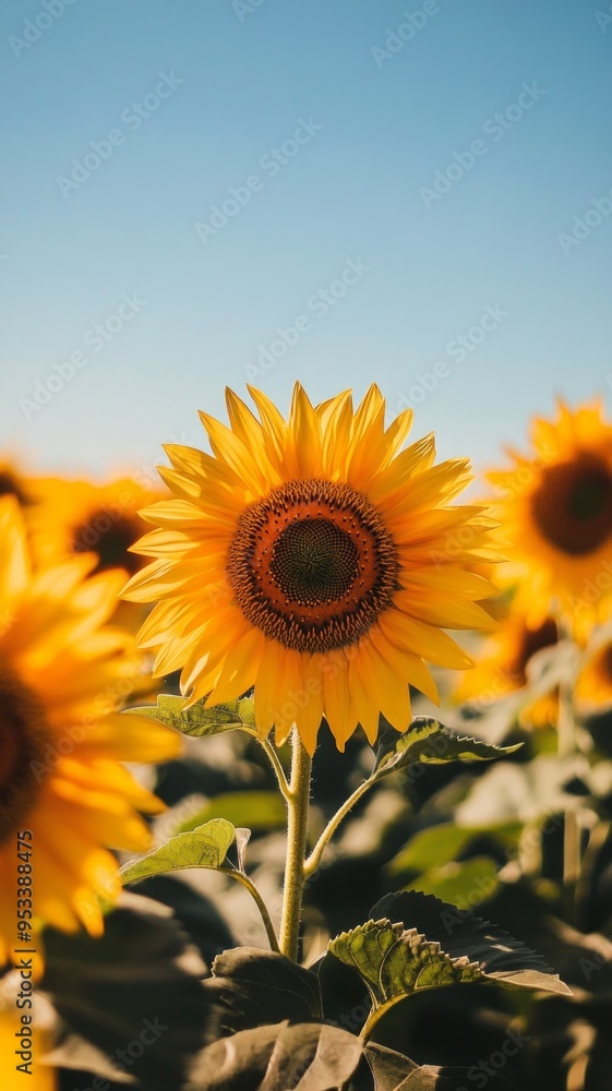 Obraz premium Vibrant sunflower field basking under a bright blue sky, golden blooms stretching towards the sun, creating a stunning display of nature's beauty and warmth.