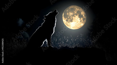 Wolf howling at the full moon in a dark night.