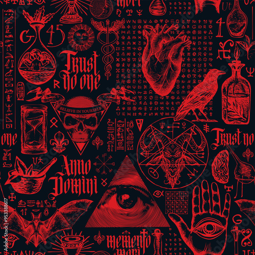 Vintage hand-drawn seamless pattern on occultism, satanism and witchcraft. Abstract masonic blood background. Latin phrases translated Think about death, From Nativity of Christ